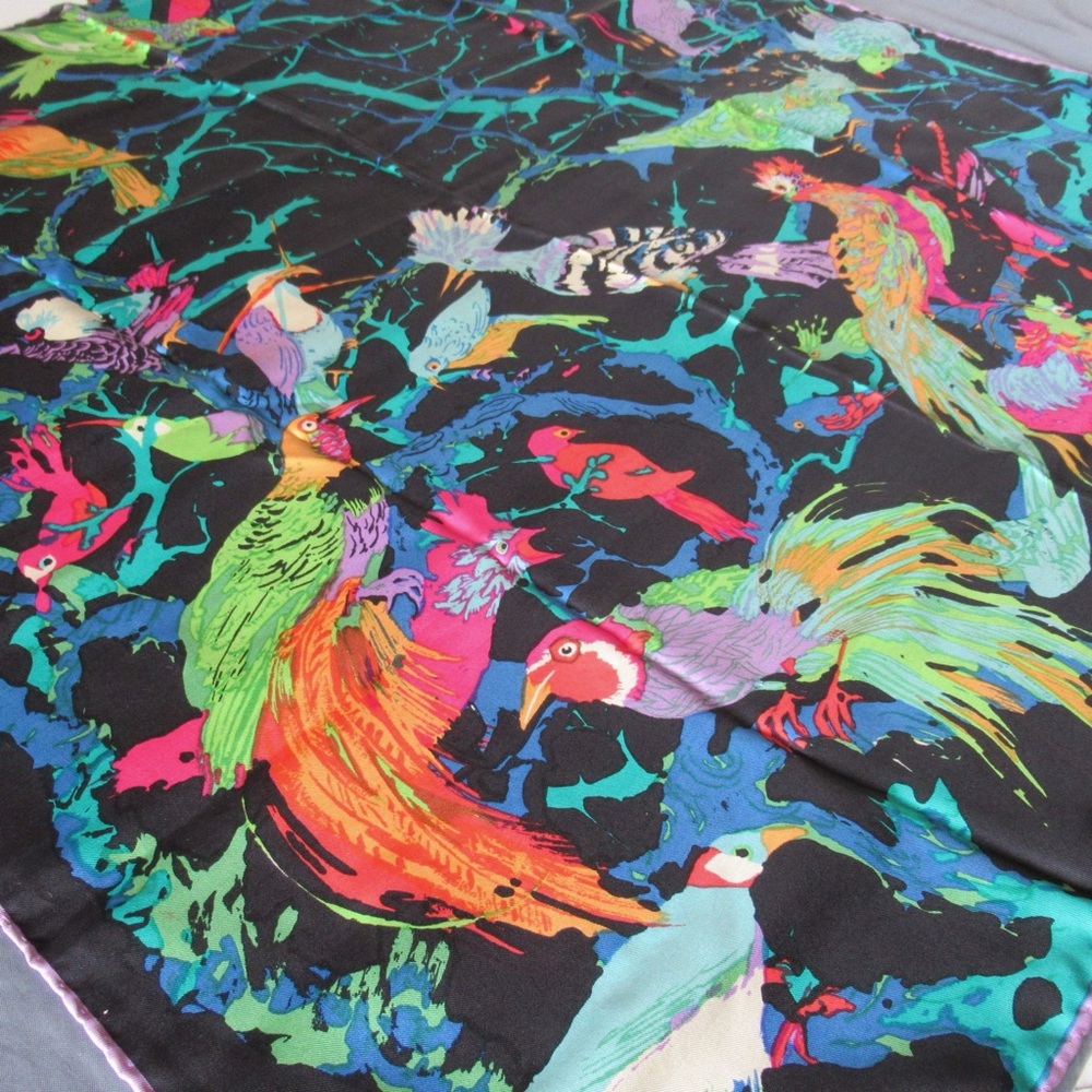 Vintage Ken Scott Scarf Womens Silk Dark Tropical Jungle Birds Novelty Colorful - Picture 4 of 15